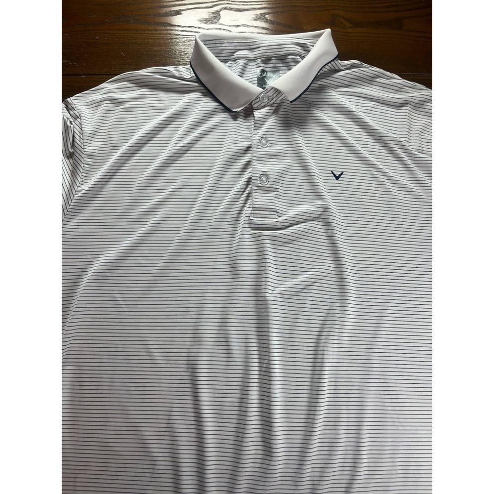 Callaway Polo Shirt Mens XL White Blue Stripe Opti-Dri Active Performance Golf